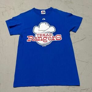 **Vintage Majestic Texas Rangers T-Shirt - Cowboy Hat Blue Logo Graphic**